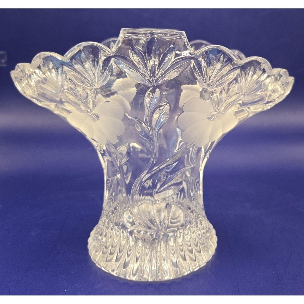VTG Crystal Vase Princess House Frosted Floral, Ruffled Flared Rim 1970 B#22